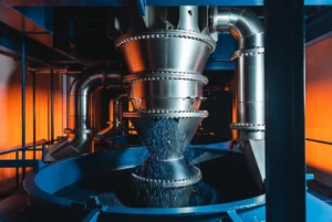 Moinho pendular industrial utilizado na moagem de minerais com controle granulométrico.